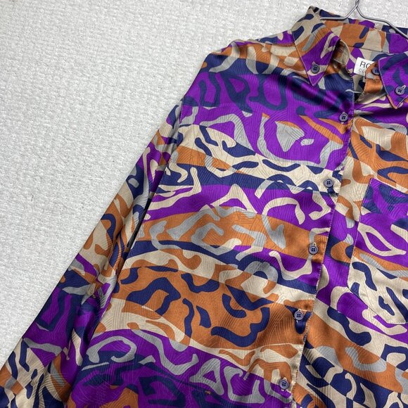 Y2K Rouie Purple / Orange camo AOP Button Up Top Sz 14 Funky Party Canada Made - Picture 3 of 14